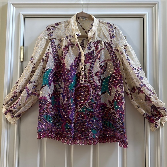 Tibi Silk Blend Sheer Printed Peasant Blouse 4 - Picture 1 of 7